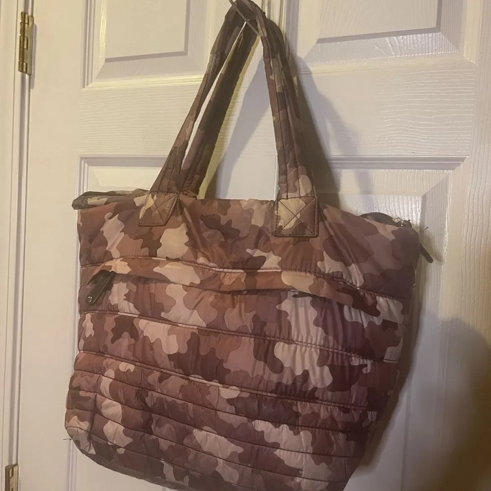 Sondra Roberts Squared quilted nylon burgundy & tan camouflage medium tote bag